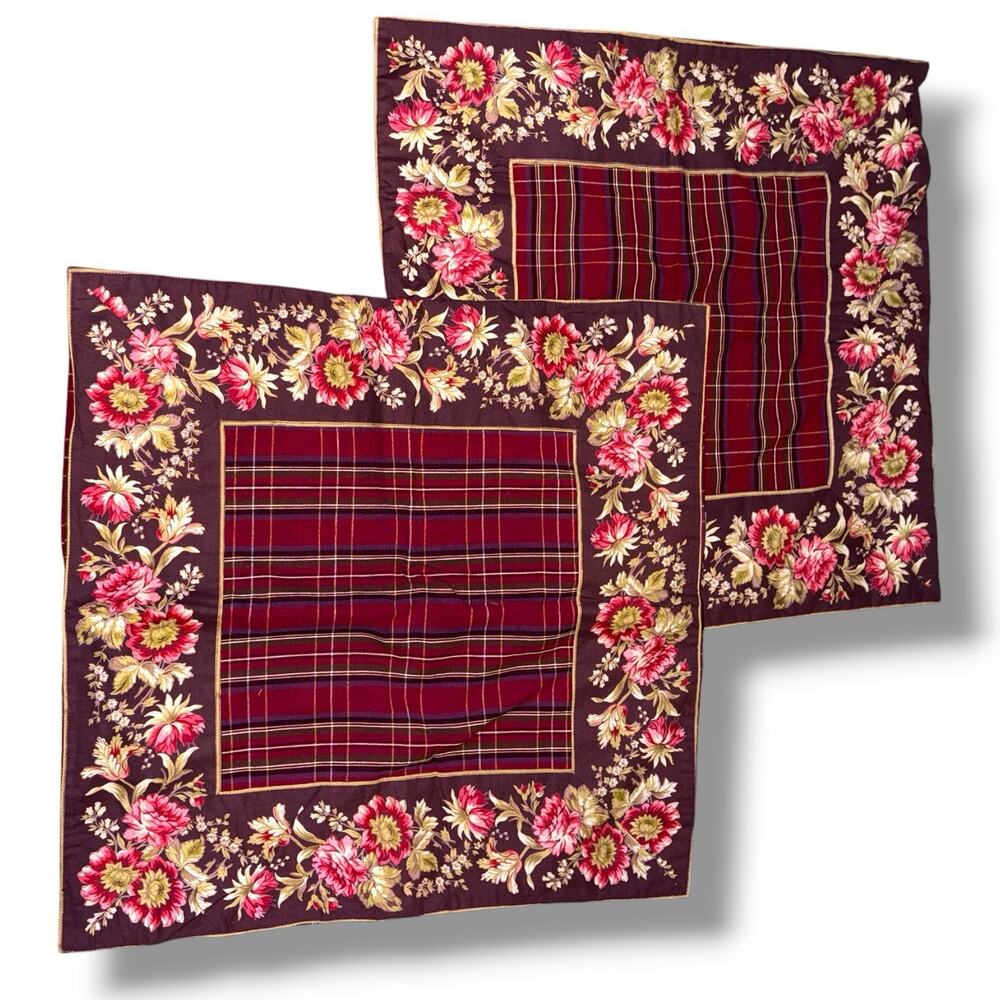 Vintage April Cornell Floral Tartan Pillow Covers Set Of 2 NWT 24x24 Red
